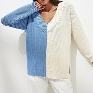 Relaxed And Comfy V-Neck Color Block Knit Sweater-MXSTUDIO.COM