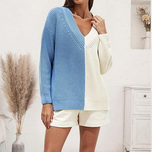 Relaxed And Comfy V-Neck Color Block Knit Sweater-MXSTUDIO.COM