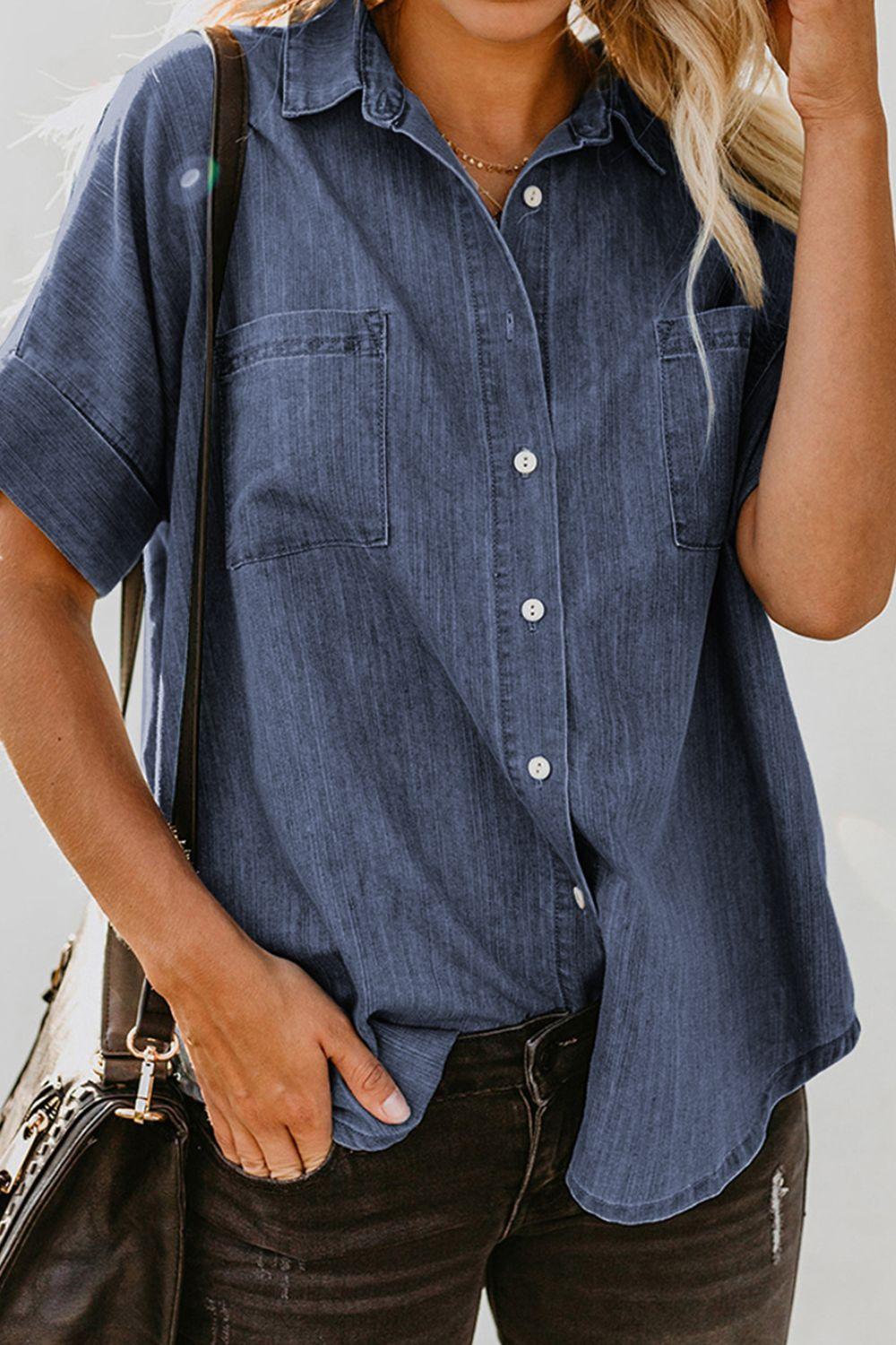 a woman wearing a denim shirt and brown pants
