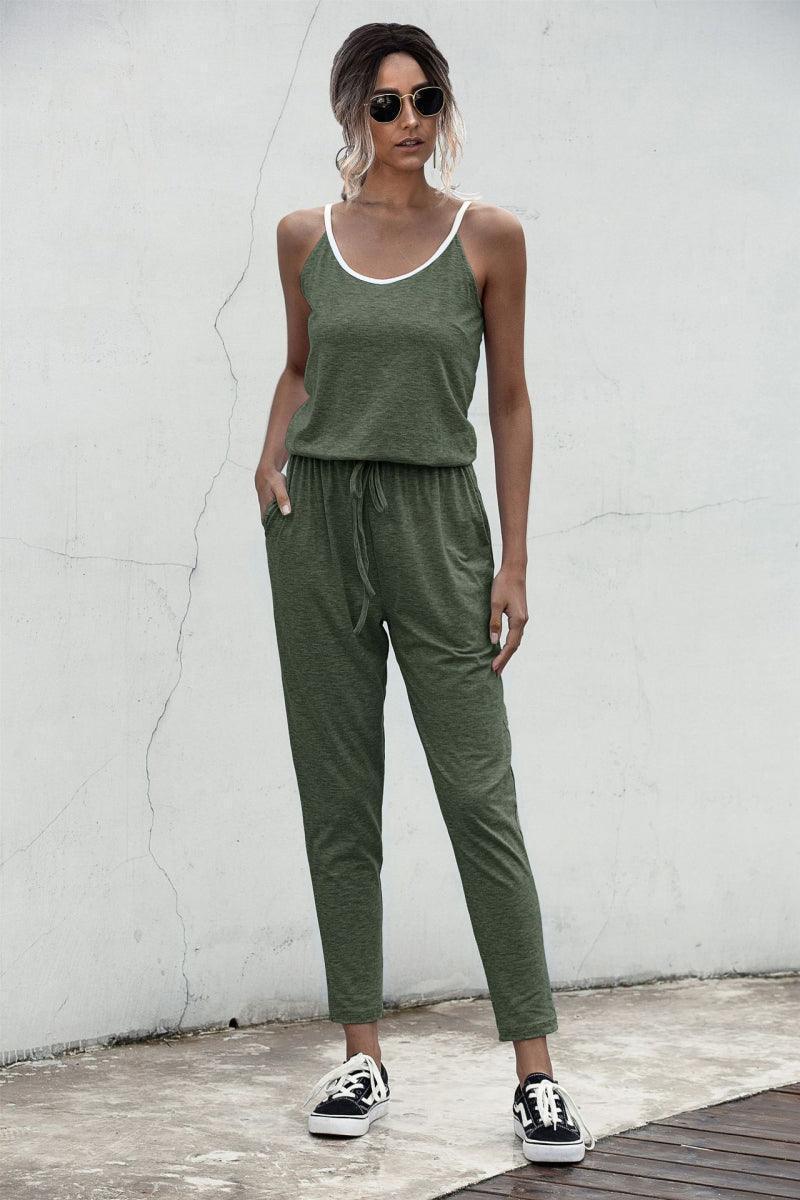 Relaxed Fit Contrast Binding Spaghetti Strap Jumpsuit - MXSTUDIO.COM