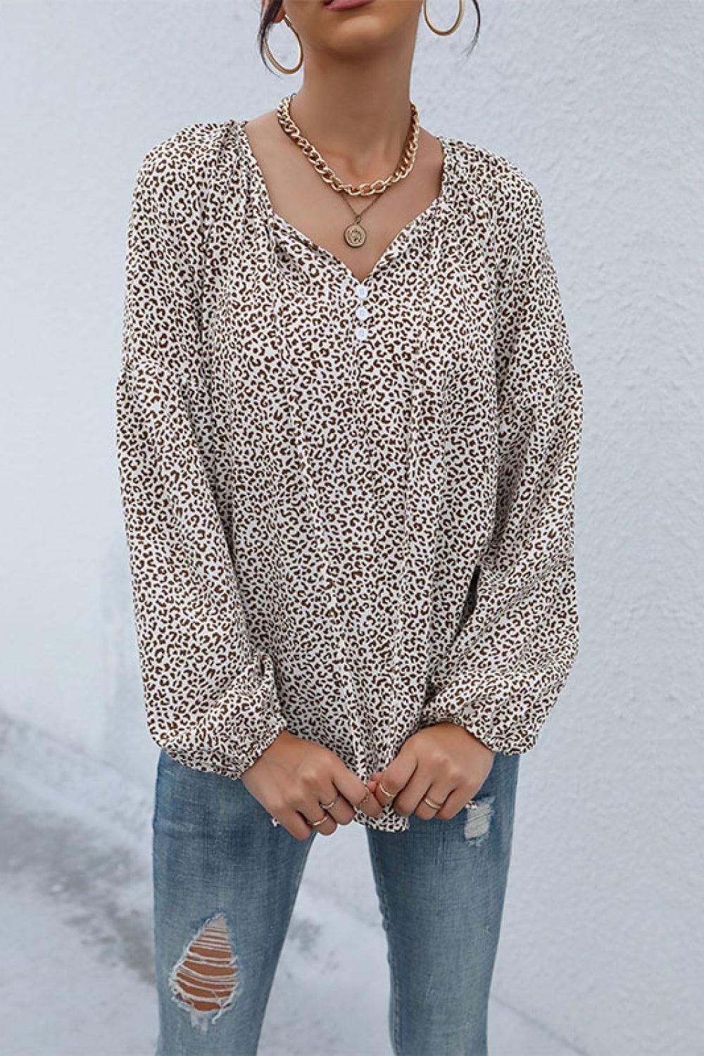 Relaxed Fit Leopard Print Balloon Sleeve Blouse - MXSTUDIO.COM