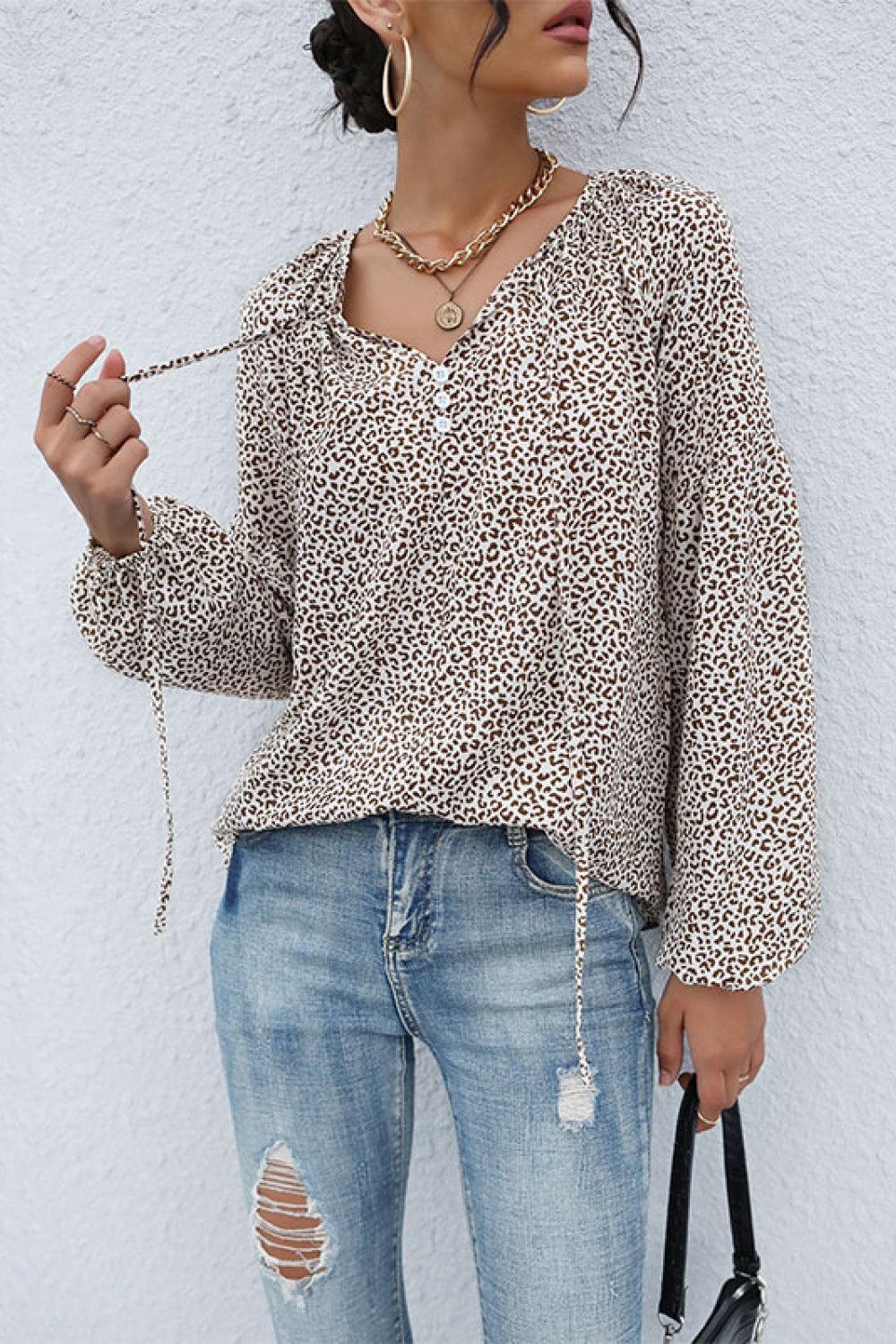 Relaxed Fit Leopard Print Balloon Sleeve Blouse - MXSTUDIO.COM