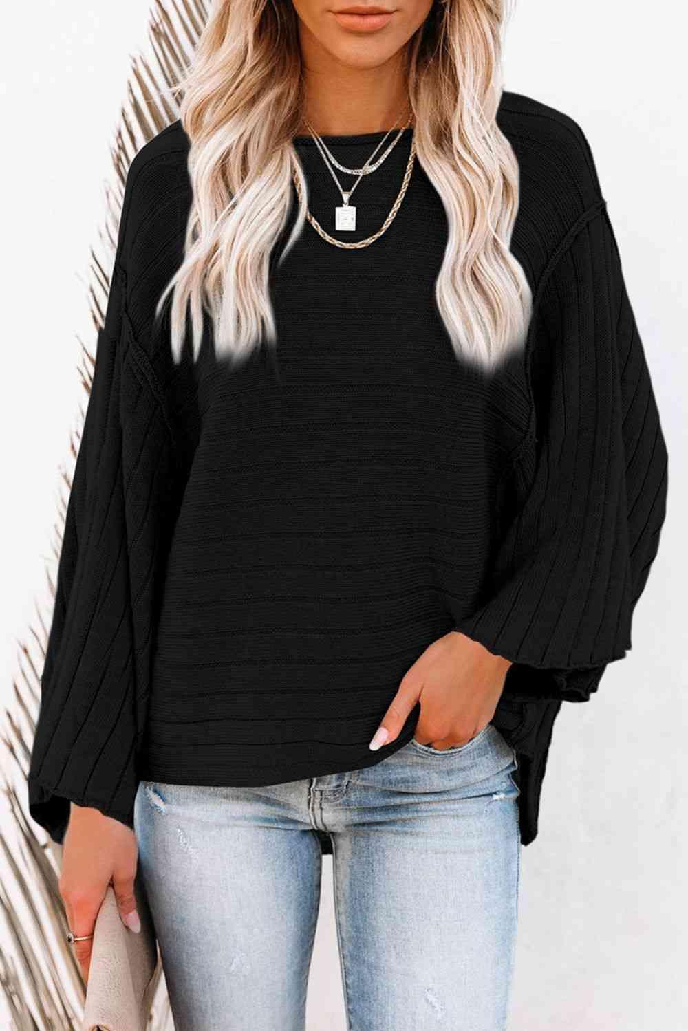 Relaxed Long Sleeve Boat Neck Knit Sweater-MXSTUDIO.COM