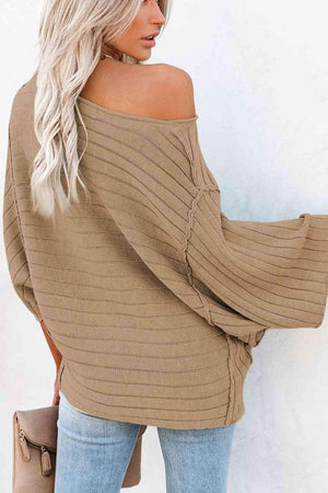 Relaxed Long Sleeve Boat Neck Knit Sweater-MXSTUDIO.COM