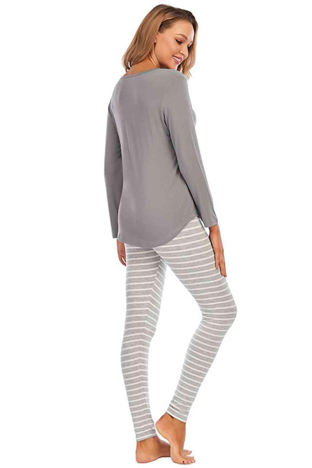 Relaxed Long Sleeve Top and Striped Pants Set - MXSTUDIO.COM