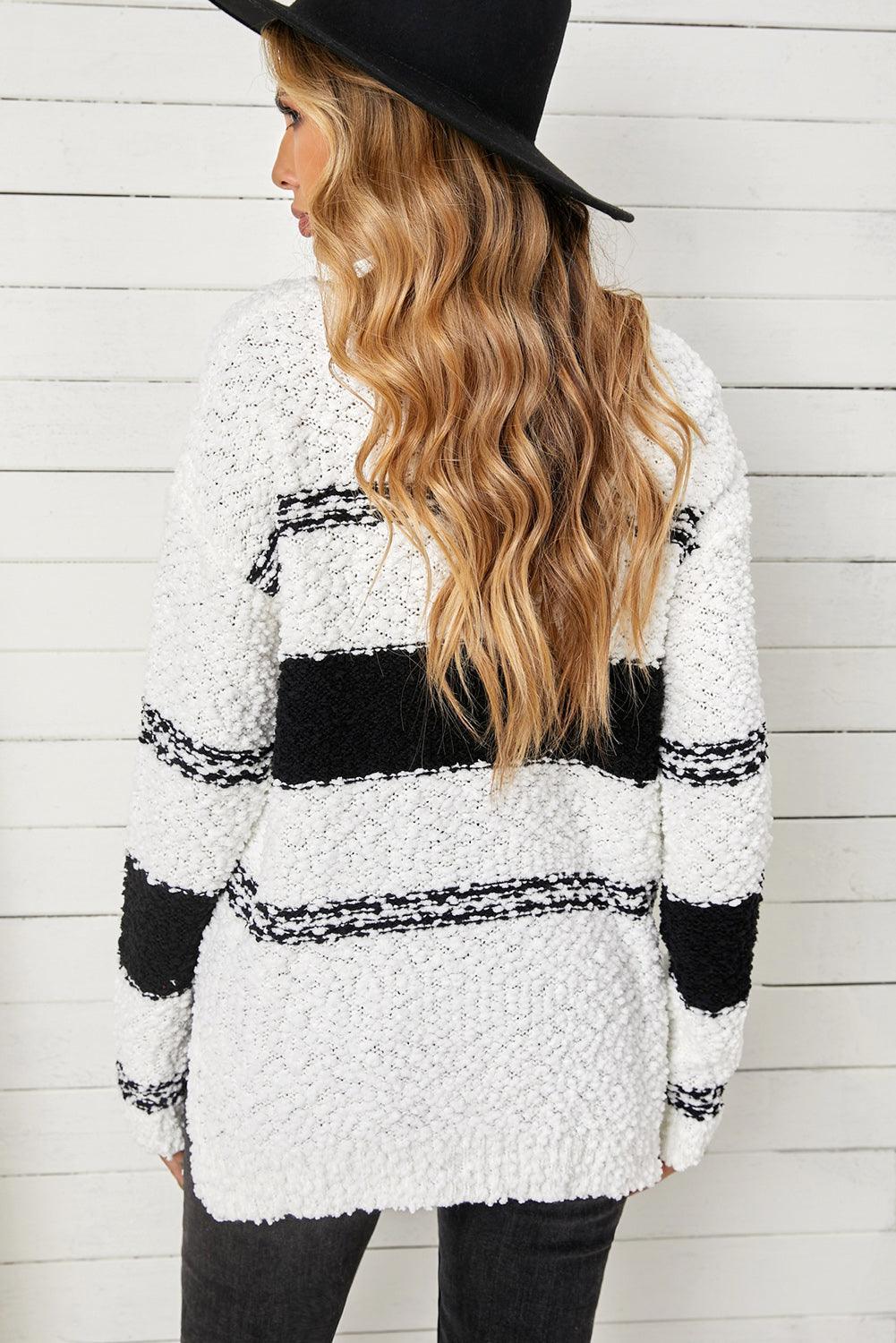 Relaxed Vibe V-Neck Popcorn Striped Knit Sweater - MXSTUDIO.COM