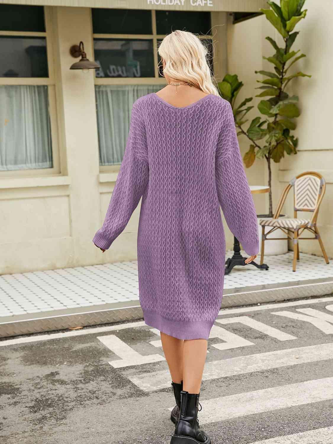 Relaxing Autumn V-Neck Long Sleeve Knit Sweater Dress - MXSTUDIO.COM