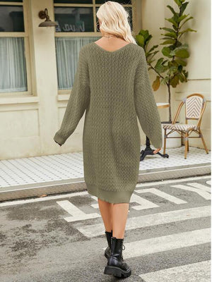 Relaxing Autumn V-Neck Long Sleeve Knit Sweater Dress - MXSTUDIO.COM