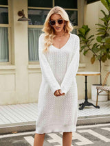 Relaxing Autumn V-Neck Long Sleeve Knit Sweater Dress - MXSTUDIO.COM
