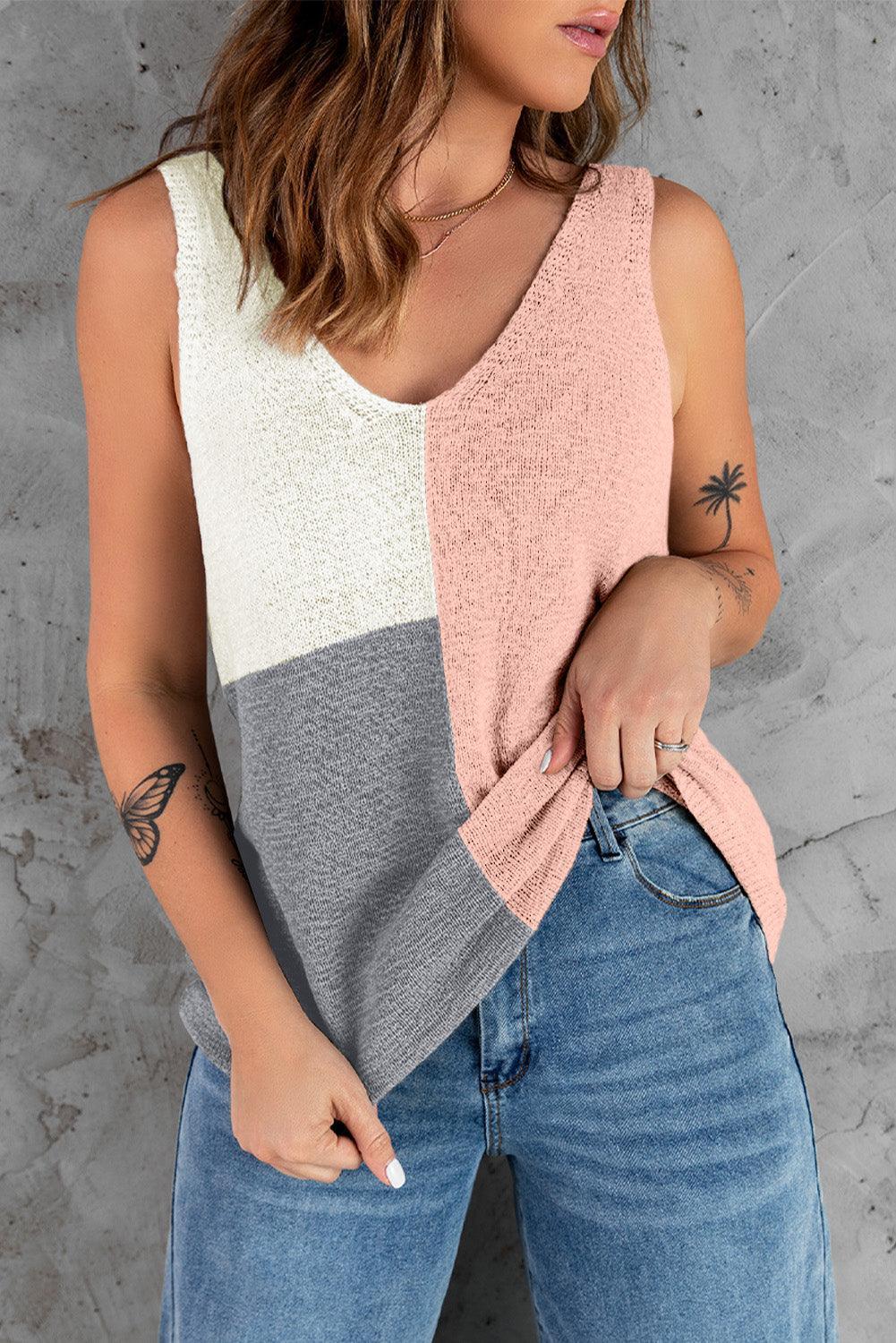 Relaxing Enjoyment Color Block Knit V Neck Tank Top - MXSTUDIO.COM