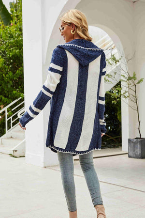 Remarkable Striped Open Front Hooded Cardigan - MXSTUDIO.COM