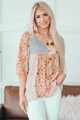 Reserved Floral Three Quarter Sleeve Blouse - MXSTUDIO.COM