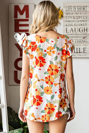 Resplendent Floral Boat Neck Flutter Sleeve Blouse - MXSTUDIO.COM