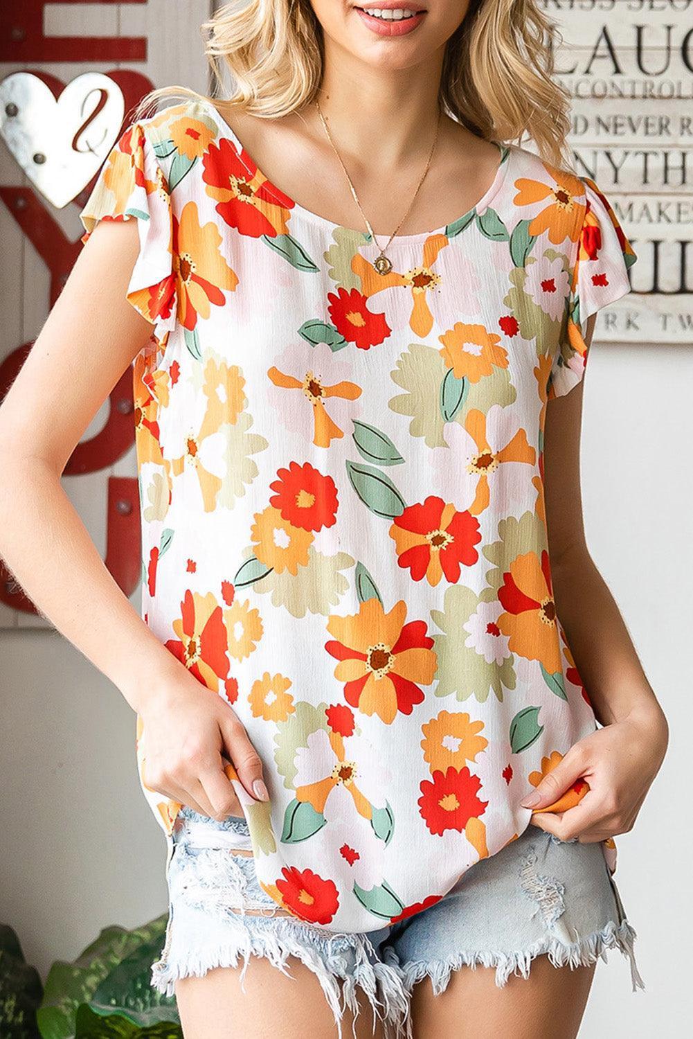 Resplendent Floral Boat Neck Flutter Sleeve Blouse - MXSTUDIO.COM