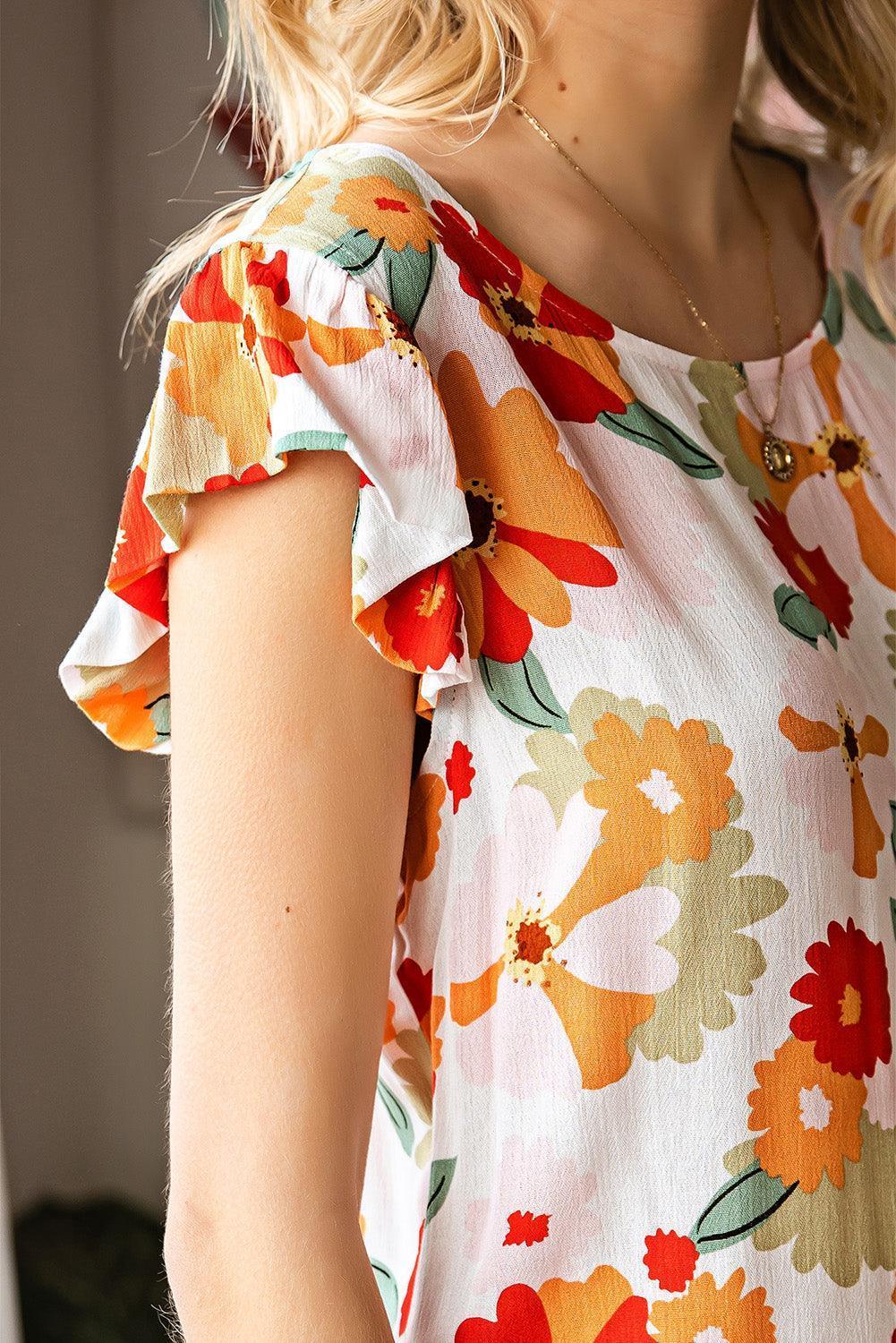 Resplendent Floral Boat Neck Flutter Sleeve Blouse - MXSTUDIO.COM