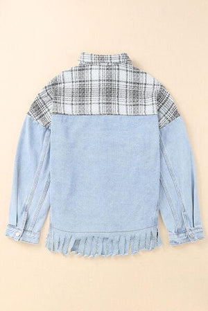 a blue jean jacket with a plaid collar