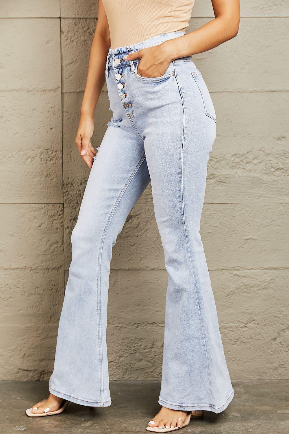 Retro Appeal High Waisted Button Fly Flare Jeans - MXSTUDIO.COM