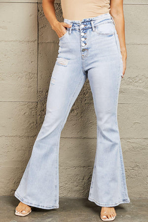 Retro Appeal High Waisted Button Fly Flare Jeans - MXSTUDIO.COM