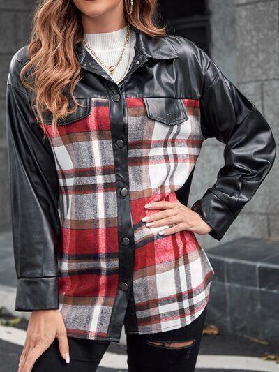 a woman wearing a black and red plaid shirt