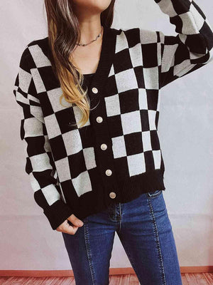 Retro Warmth Button Up Checkered Cardigan-MXSTUDIO.COM