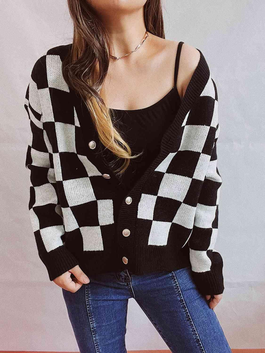 Retro Warmth Button Up Checkered Cardigan-MXSTUDIO.COM