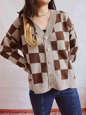 Retro Warmth Button Up Checkered Cardigan-MXSTUDIO.COM