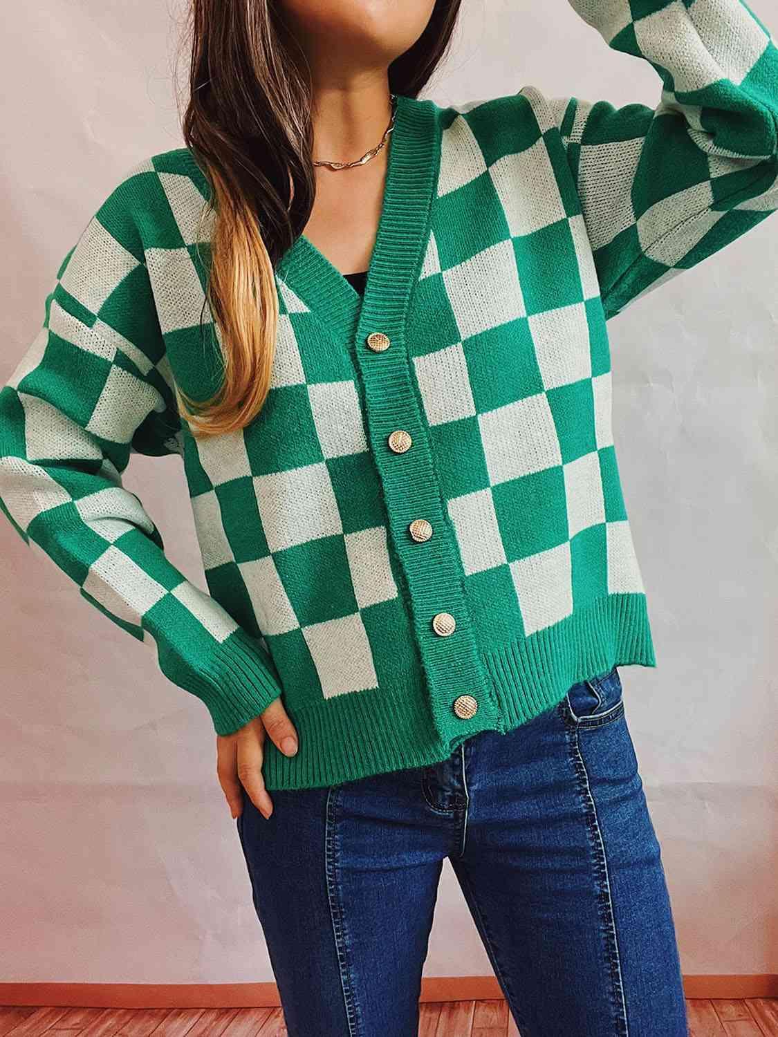 Retro Warmth Button Up Checkered Cardigan-MXSTUDIO.COM