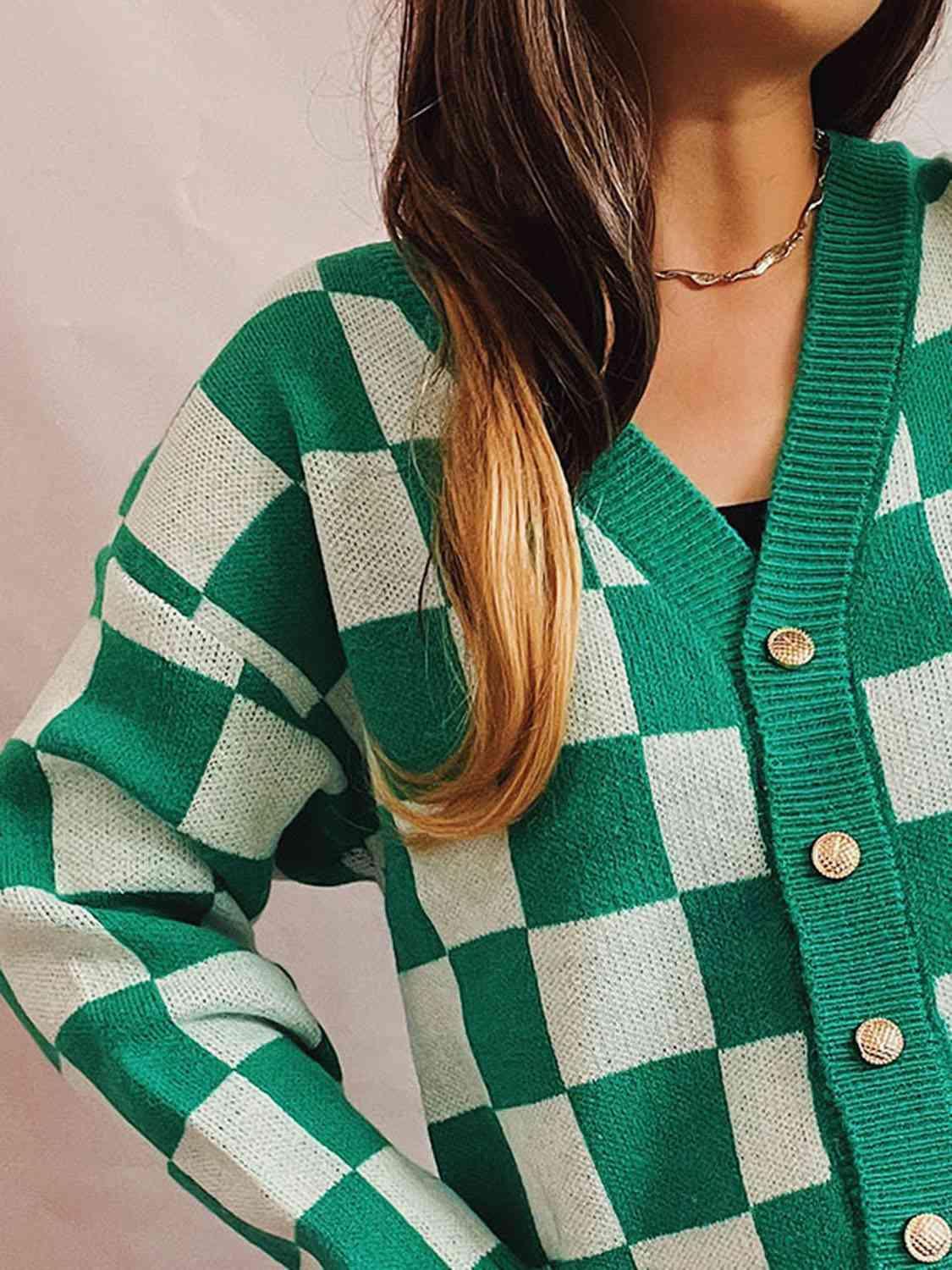 Retro Warmth Button Up Checkered Cardigan-MXSTUDIO.COM