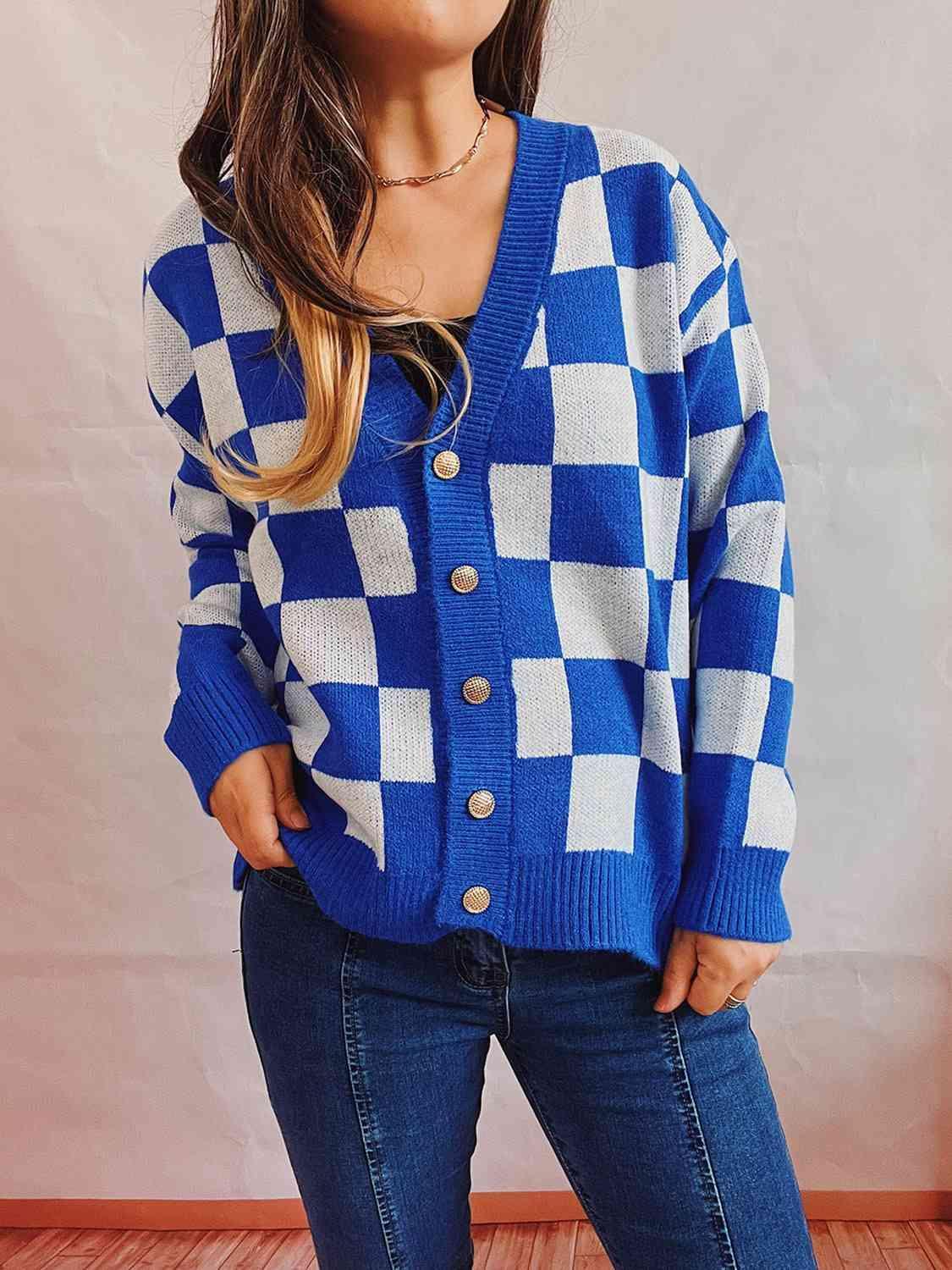 Retro Warmth Button Up Checkered Cardigan-MXSTUDIO.COM