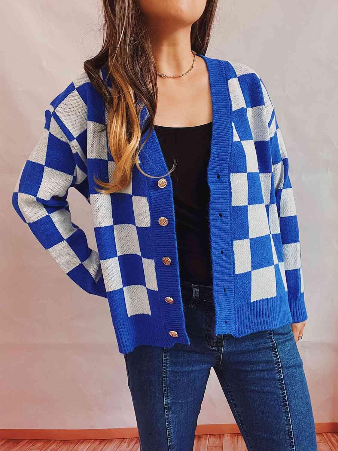 Retro Warmth Button Up Checkered Cardigan-MXSTUDIO.COM