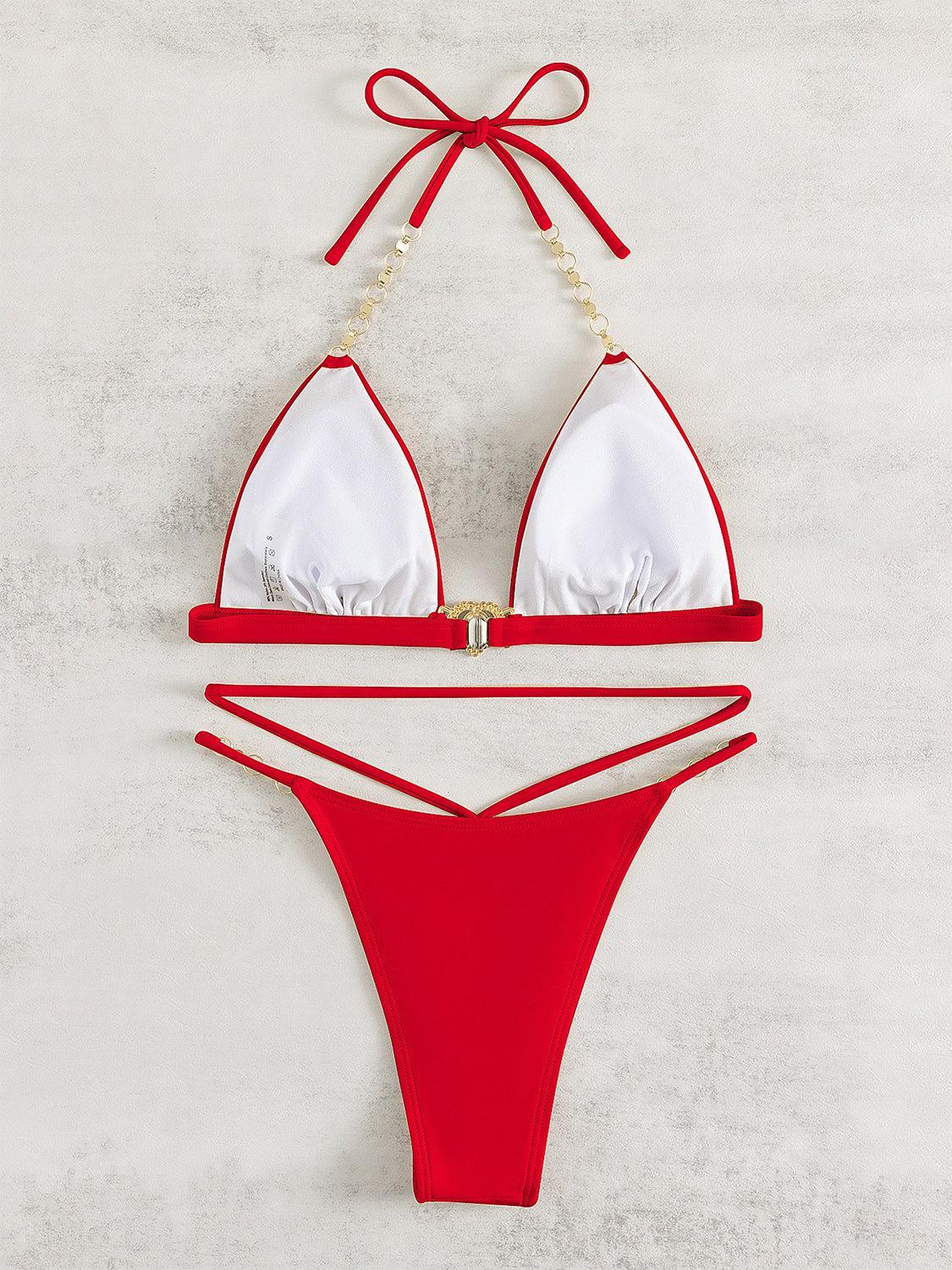 a red and white bikinisuit with a bow tie