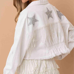 Rhinestone Fringe Sparkling Star Denim Jacket - MXSTUDIO.COM