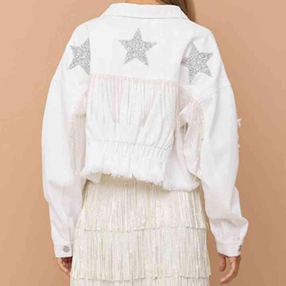 Rhinestone Fringe Sparkling Star Denim Jacket - MXSTUDIO.COM