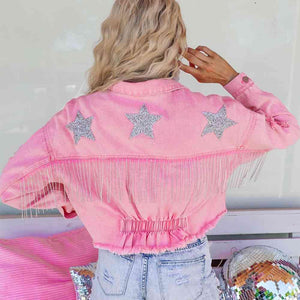 Rhinestone Fringe Sparkling Star Denim Jacket - MXSTUDIO.COM