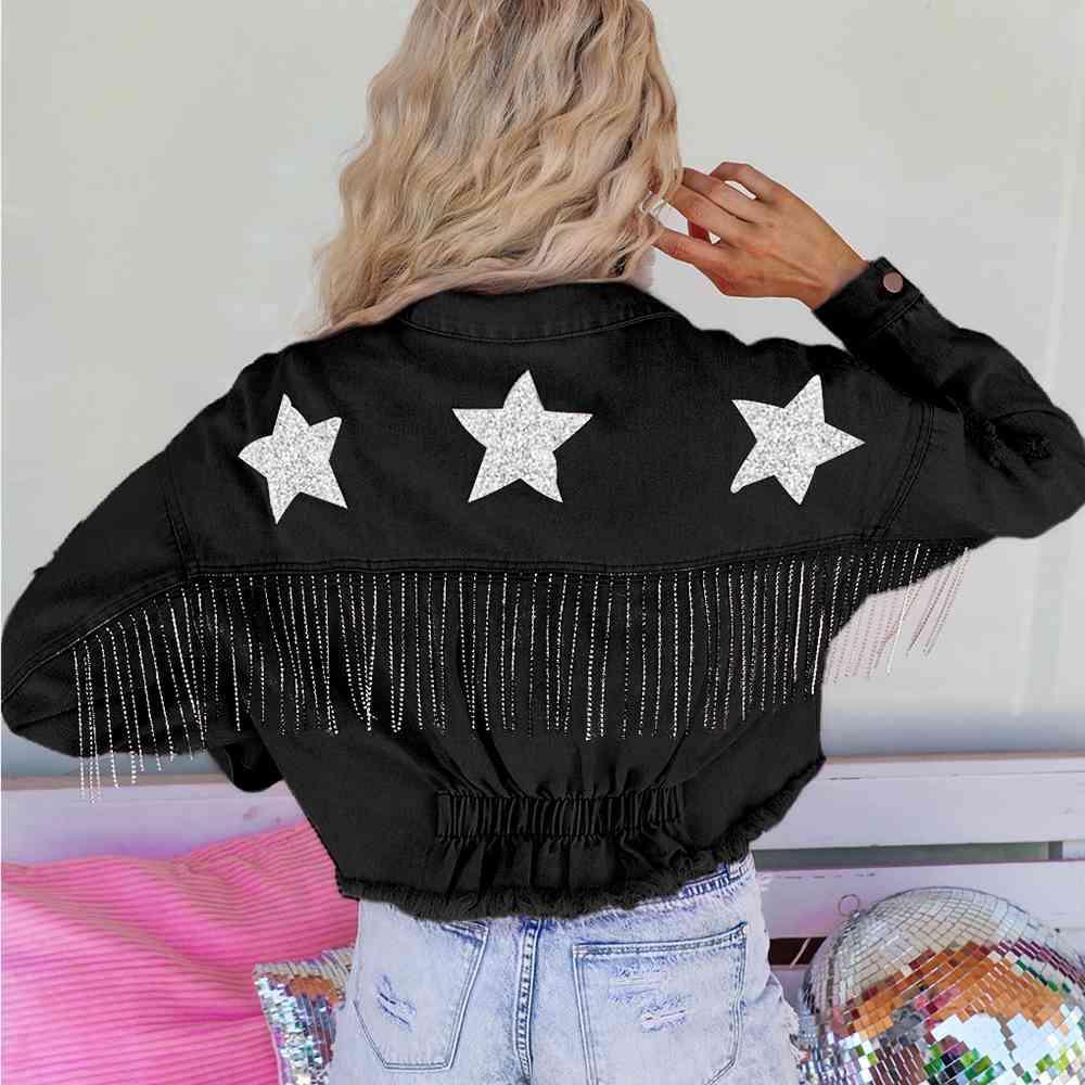 Rhinestone Fringe Sparkling Star Denim Jacket - MXSTUDIO.COM