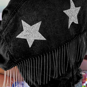 Rhinestone Fringe Sparkling Star Denim Jacket - MXSTUDIO.COM