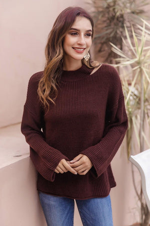 Ribbed Cutout Dropped Shoulder Wine Red Sweater - MXSTUDIO.COM