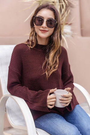 Ribbed Cutout Dropped Shoulder Wine Red Sweater - MXSTUDIO.COM