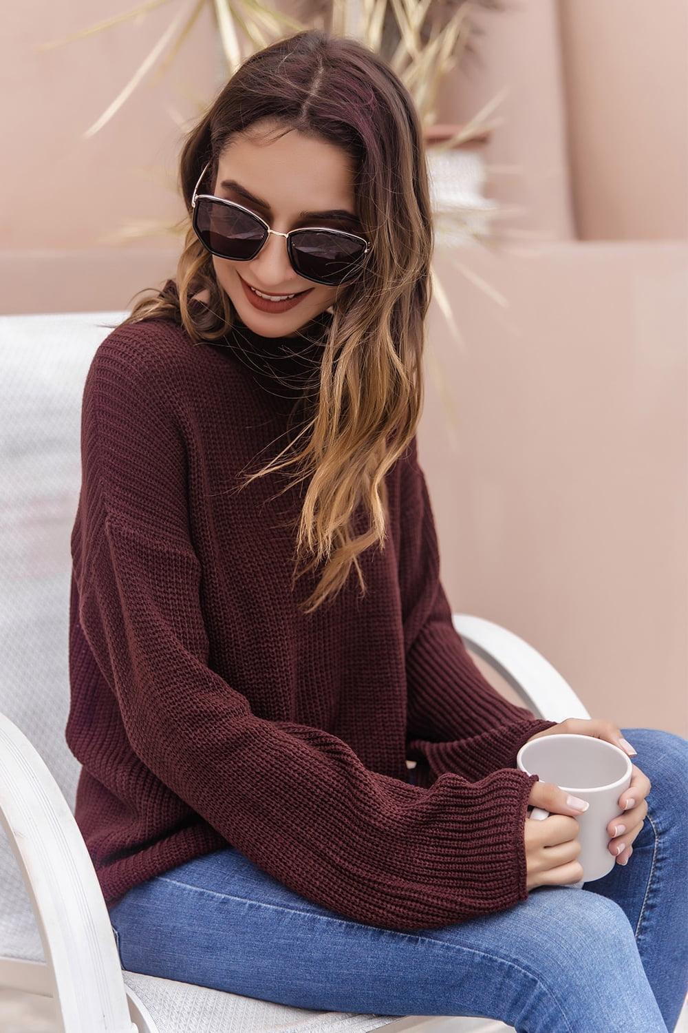 Ribbed Cutout Dropped Shoulder Wine Red Sweater - MXSTUDIO.COM