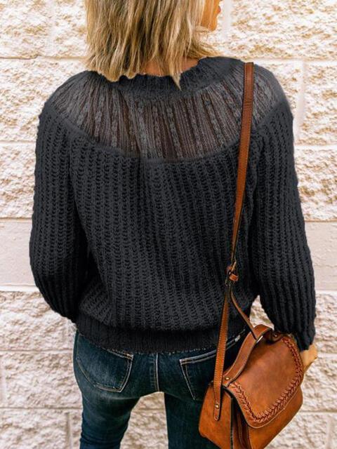 Ribbed Knit Crew Neck Semi Sheer Sweater-MXSTUDIO.COM