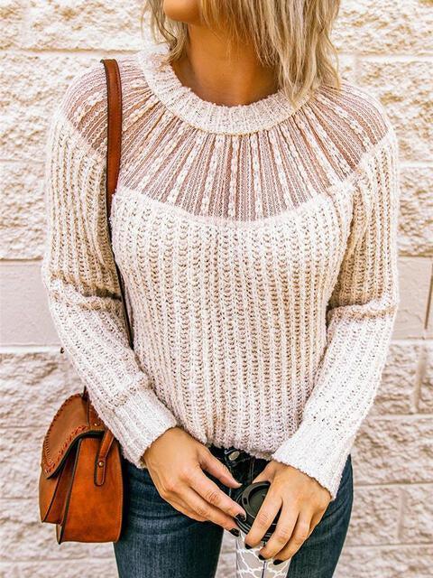 Ribbed Knit Crew Neck Semi Sheer Sweater-MXSTUDIO.COM