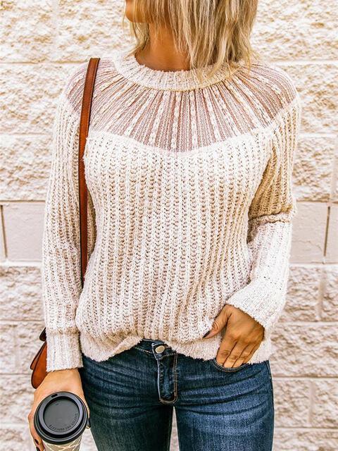 Ribbed Knit Crew Neck Semi Sheer Sweater-MXSTUDIO.COM