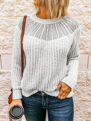 Ribbed Knit Crew Neck Semi Sheer Sweater-MXSTUDIO.COM