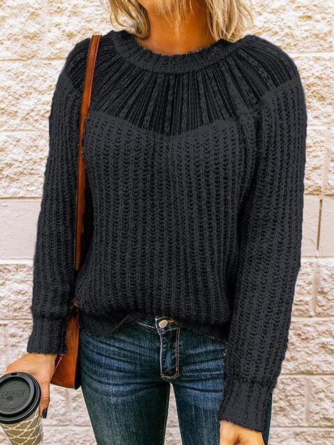 Ribbed Knit Crew Neck Semi Sheer Sweater-MXSTUDIO.COM