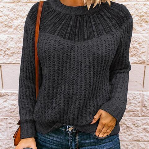 Ribbed Knit Crew Neck Semi Sheer Sweater-MXSTUDIO.COM