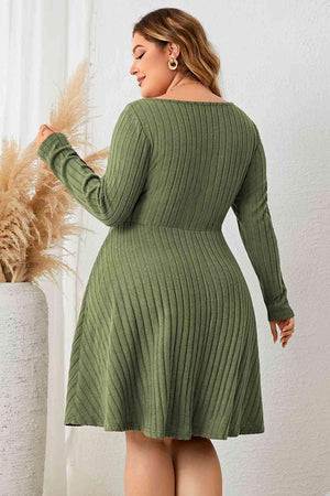 Ribbed Plus Size Green Long Sleeve Dress - MXSTUDIO.COM