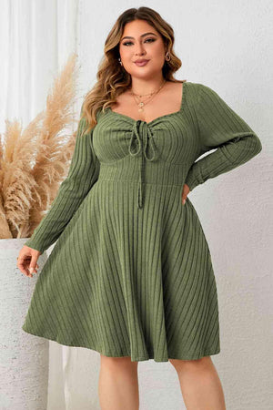 Ribbed Plus Size Green Long Sleeve Dress - MXSTUDIO.COM