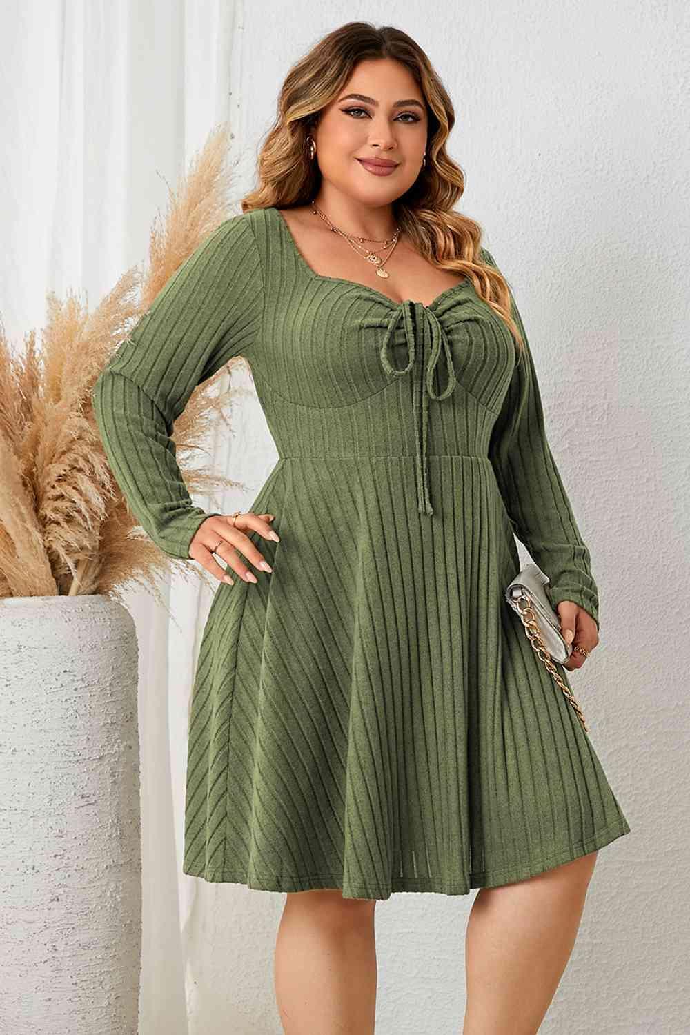 Ribbed Plus Size Green Long Sleeve Dress - MXSTUDIO.COM