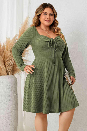 Ribbed Plus Size Green Long Sleeve Dress - MXSTUDIO.COM