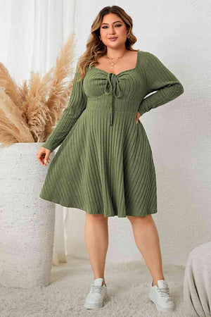 Ribbed Plus Size Green Long Sleeve Dress - MXSTUDIO.COM